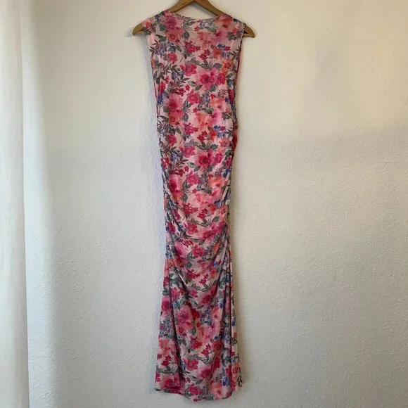 Vici Dee Elly Floral Mesh Ruched‎ Sleeveless Midi Dress L Wedding Guest Formal - Picture 6 of 12